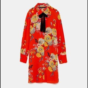 Zara Orange Floral Bow Collar Long Sleeve Shirt Dress - S